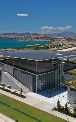 Aerial drone photo of famous landmark Cultural Centre and Foundation Park of Stavros Niarchos in Faliro or Phaliro area, Athens riviera, Attica, Greece